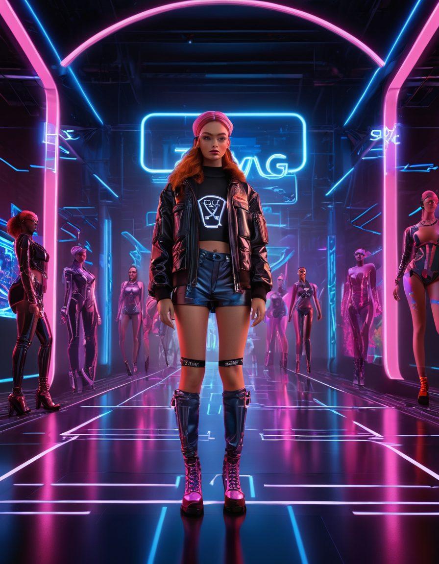 A futuristic digital runway with virtual models strutting confidently, showcasing diverse fashion styles. Augmented reality elements, holograms, and a high-tech backdrop featuring the LMG Models' logo. Neon lights create a vibrant atmosphere, reflecting the modernity and innovation of the web modeling industry. hyper-realistic. vibrant colors. futuristic style. digital art.