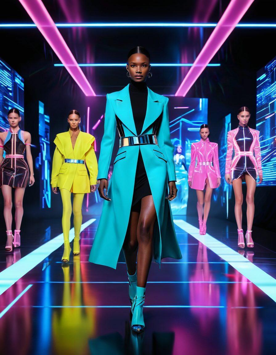 A futuristic fashion runway set against a high-tech digital backdrop with holographic elements, featuring diverse models. The models are wearing avant-garde outfits inspired by cutting-edge technology. Bright neon lighting highlights the innovative designs. The background includes a sleek interface of an online platform displaying metrics and user interactions. super-realistic. vibrant colors.