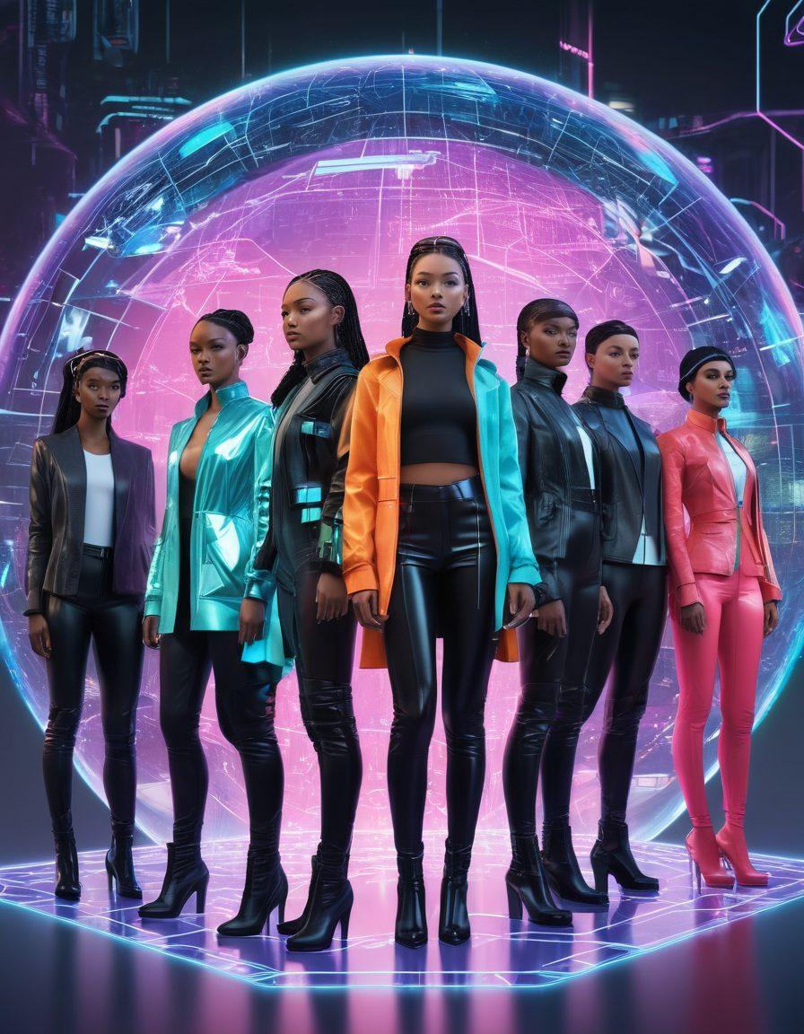 A diverse group of virtual models of different genders and ethnicities, standing confidently in a futuristic, digital environment with holographic elements representing networking and opportunities. They are surrounded by floating icons of fashion, technology, and global connections. vibrant colors. 3D. cyberpunk.